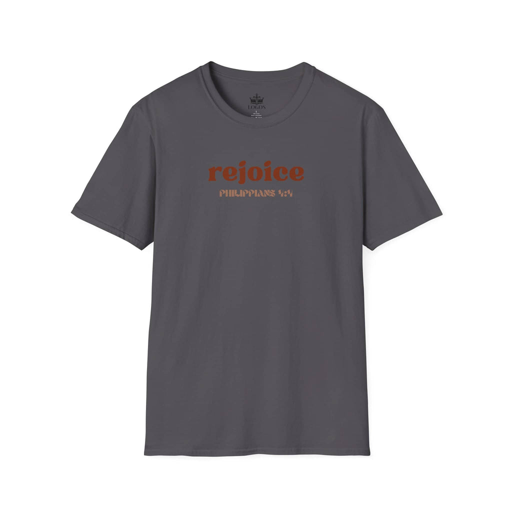 Gray Rejoice in the Lord shirt featuring Philippians 4:4 in stylish lettering