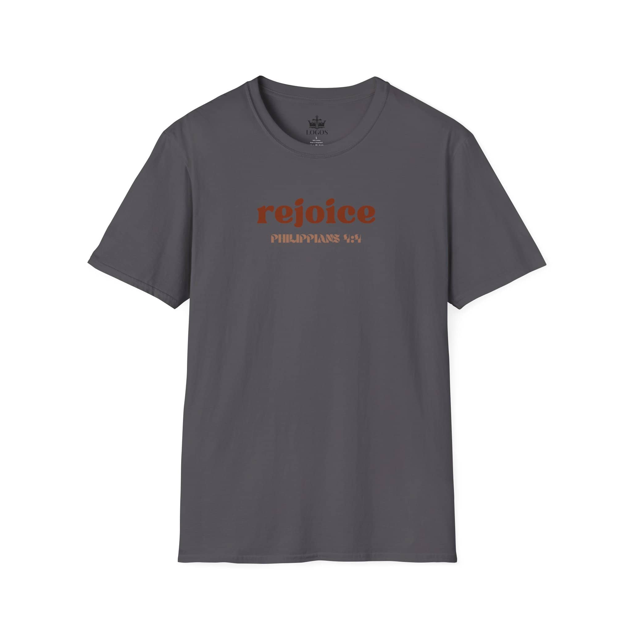 Gray Rejoice in the Lord shirt featuring Philippians 4:4 in stylish lettering