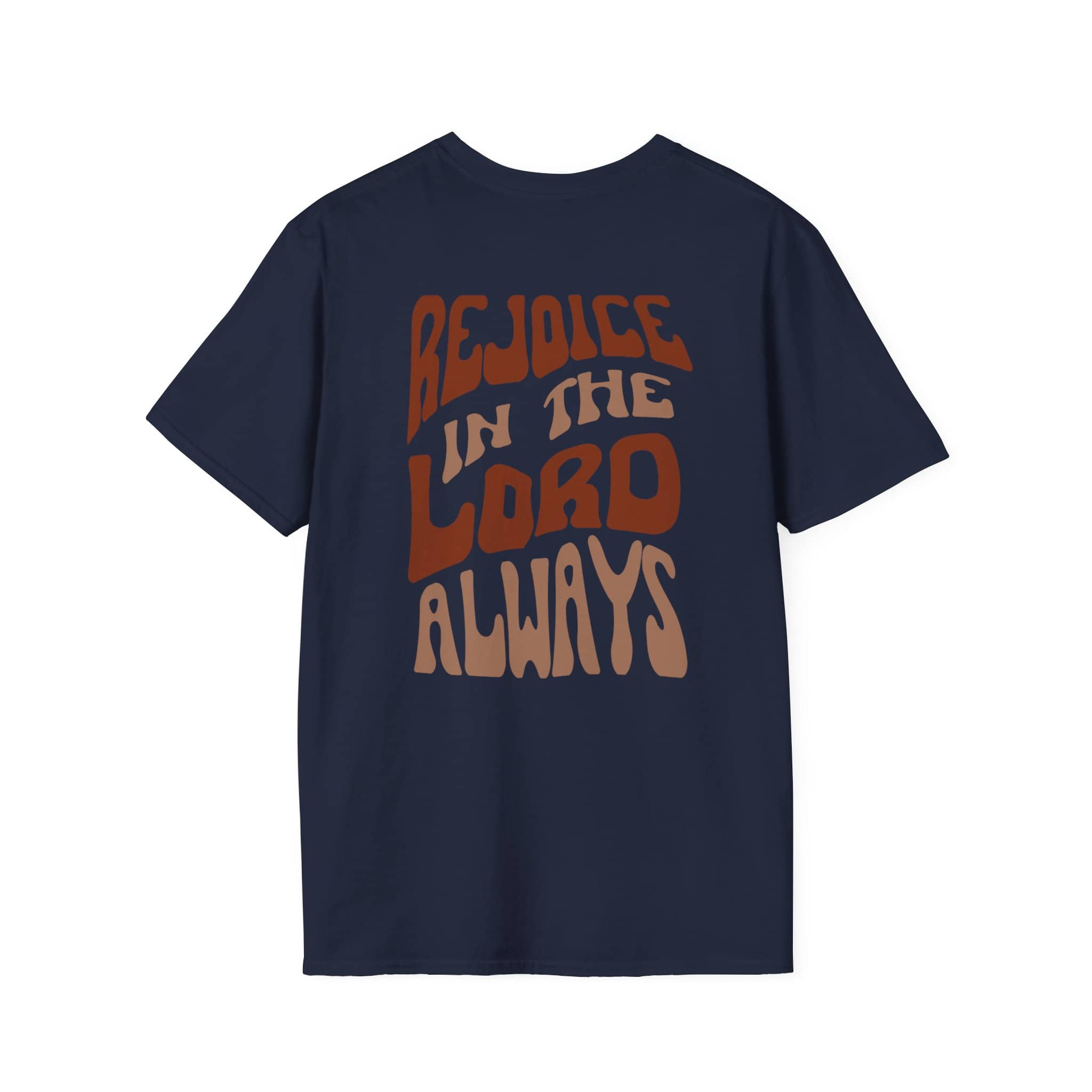 Navy Rejoice in the Lord shirt featuring colorful retro typography on the back