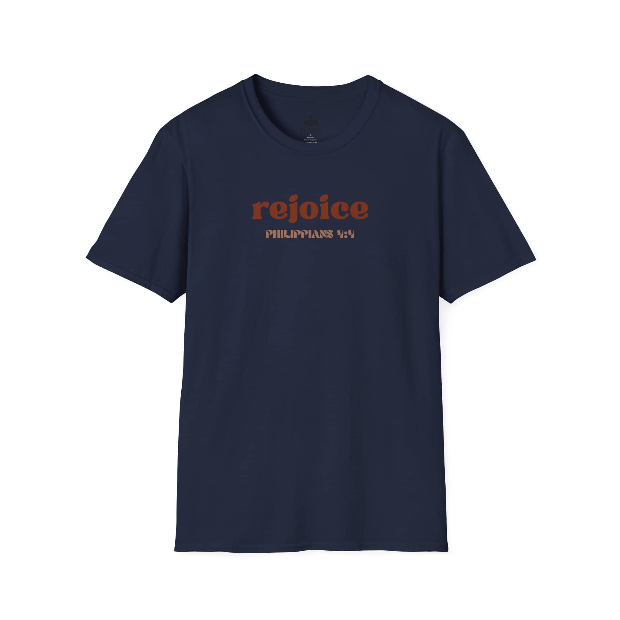 Navy Rejoice in the Lord shirt featuring Philippians 4:4 for casual and uplifting style