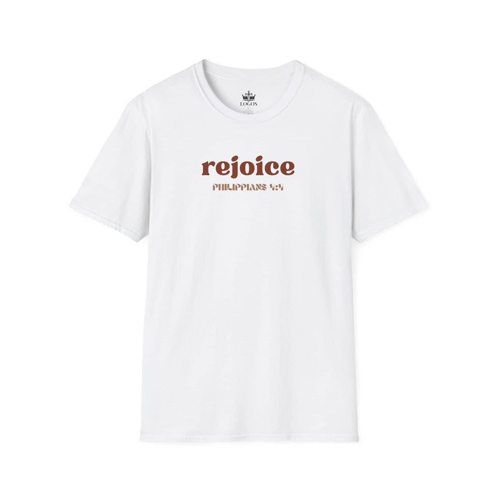 White Rejoice in the Lord shirt with stylish typography and comfortable fit for everyday wear