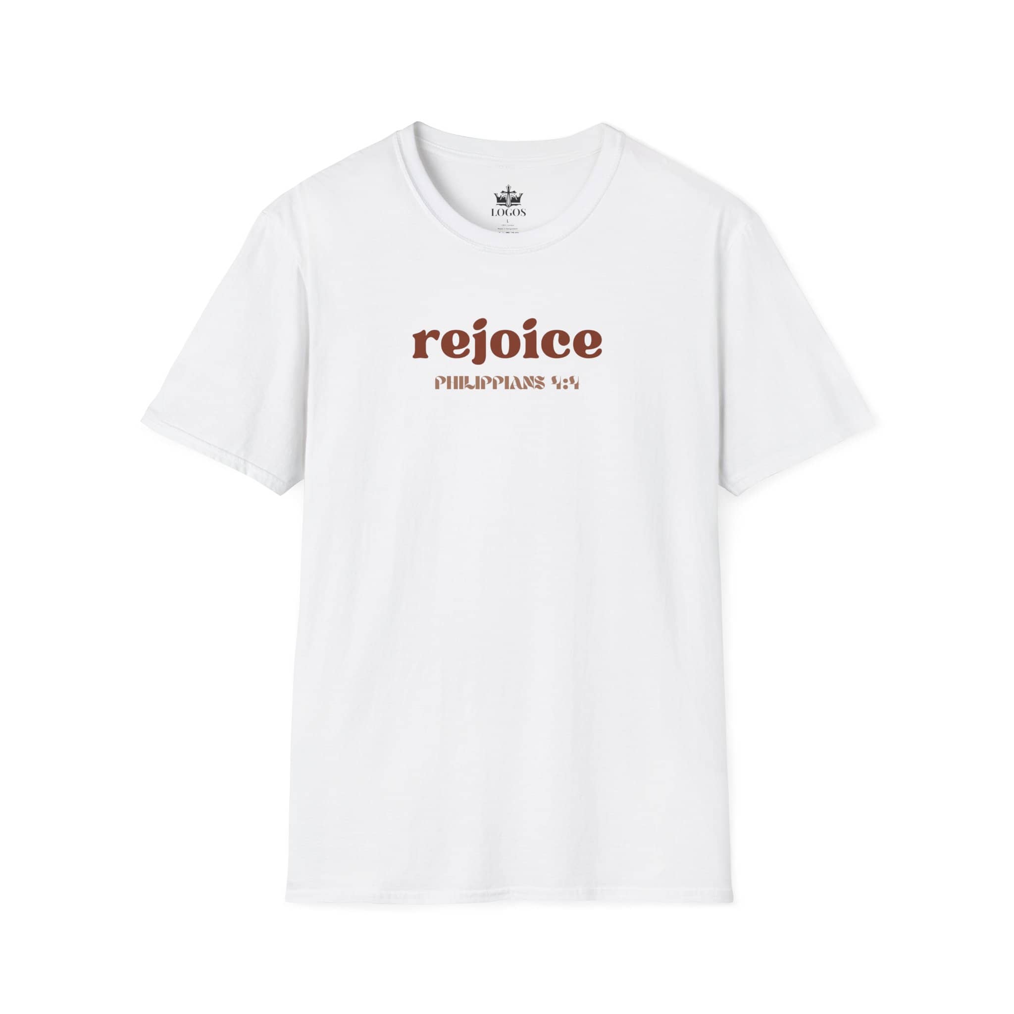 White Rejoice in the Lord shirt with stylish typography and comfortable fit for everyday wear