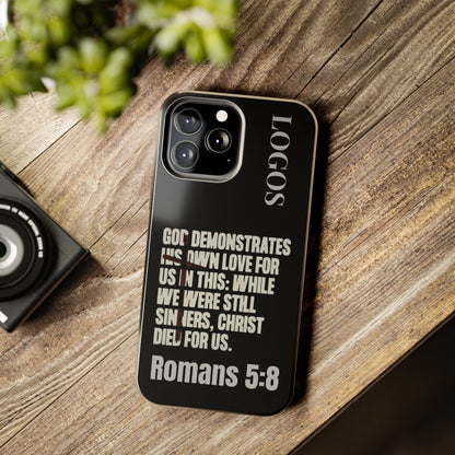 Black Romans 5:8 phone case by Logos with inspirational Bible verse and protective design
