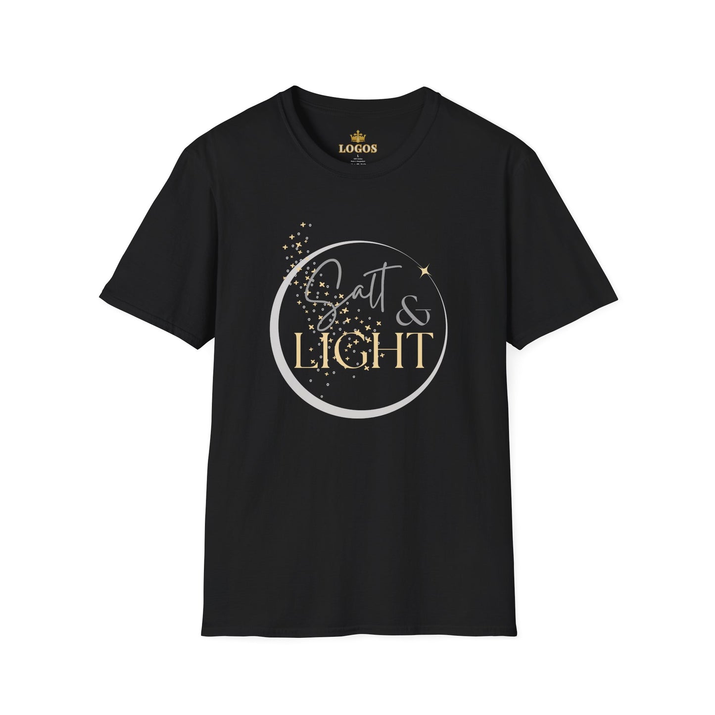 Salt and Light Christian T-shirt for women in black with stylish design and gold accents