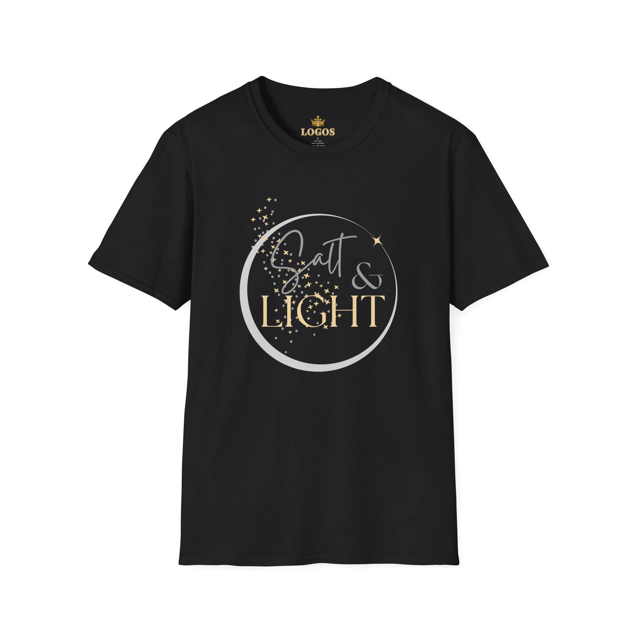 Salt and Light Christian T-shirt for women in black with stylish design and gold accents