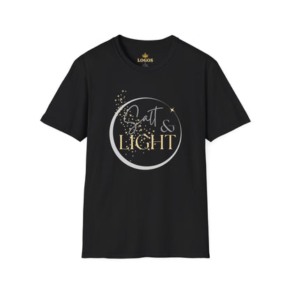 Salt and Light Christian T-shirt for women in black with stylish design and gold accents