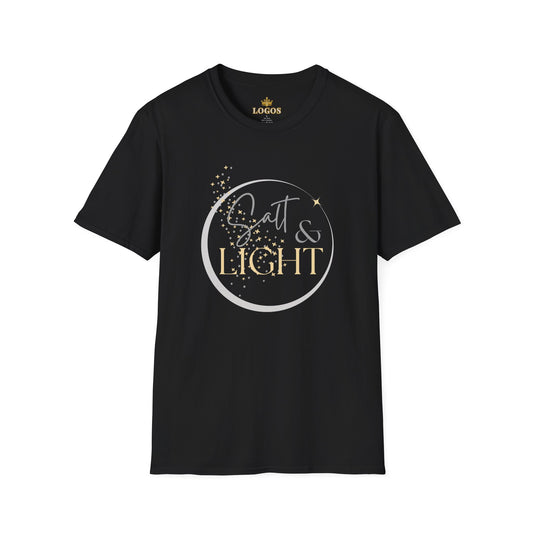 Salt and Light Christian T-shirt for women in black with stylish design and gold accents