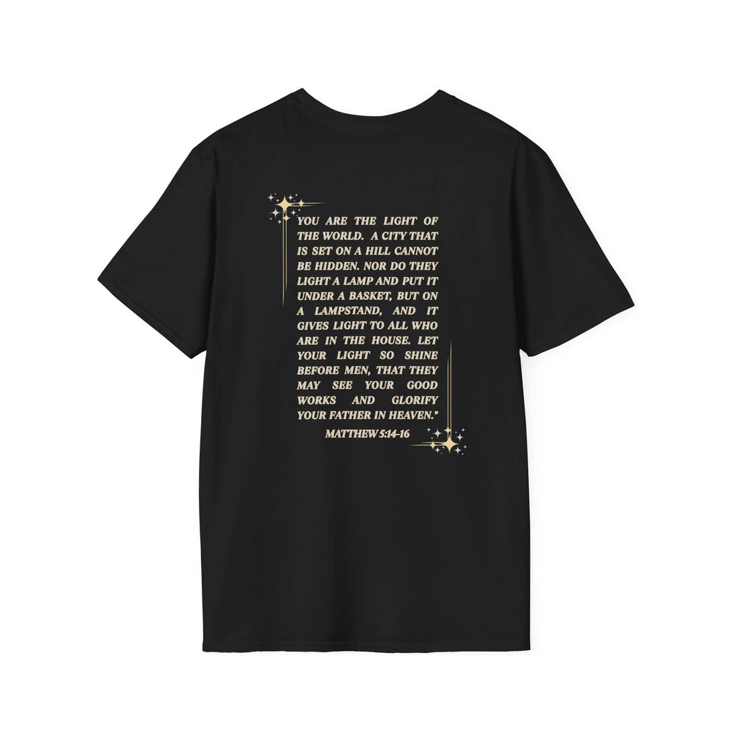 Salt and Light Christian T-shirt for women with inspirational verse on the back in stylish black