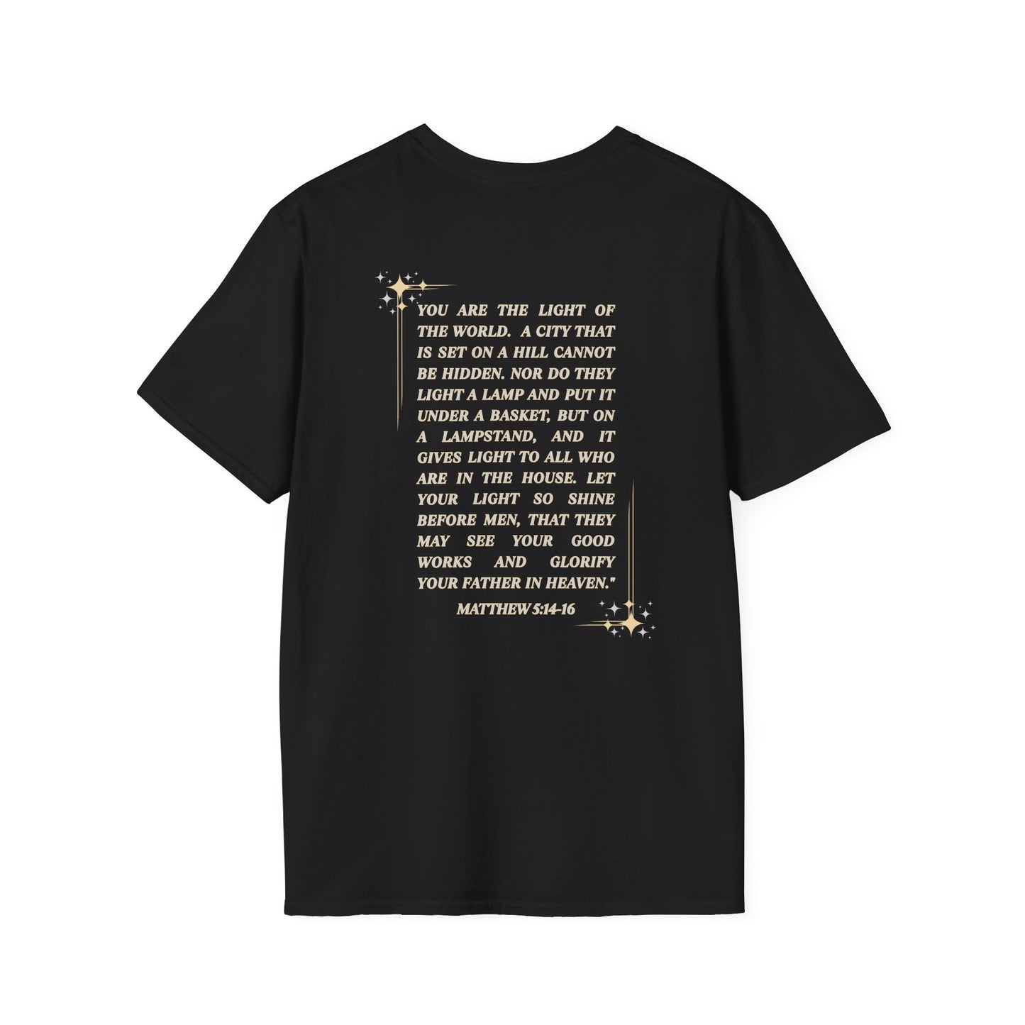 Salt and Light Christian T-shirt for women with inspirational verse on the back in stylish black