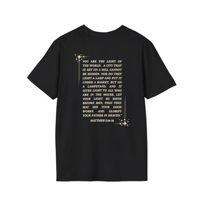 Salt and Light Christian T-shirt for women with inspirational verse on the back in stylish black
