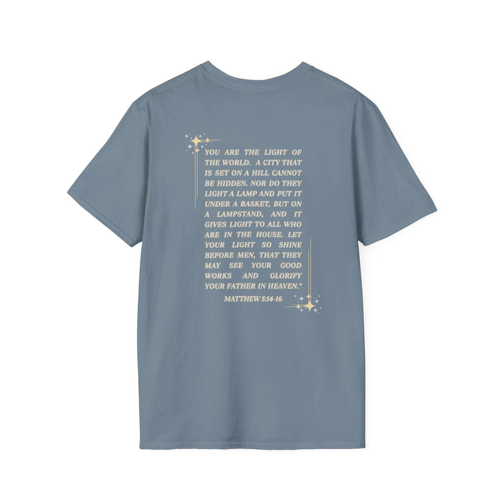 Salt and Light Christian T-shirt for women featuring a scripture design on the back in soft blue fabric