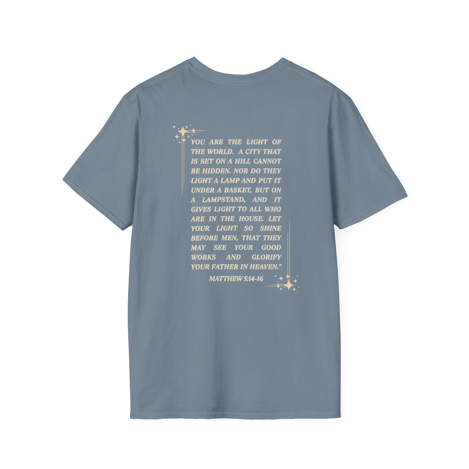 Salt and Light Christian T-shirt for women featuring a scripture design on the back in soft blue fabric
