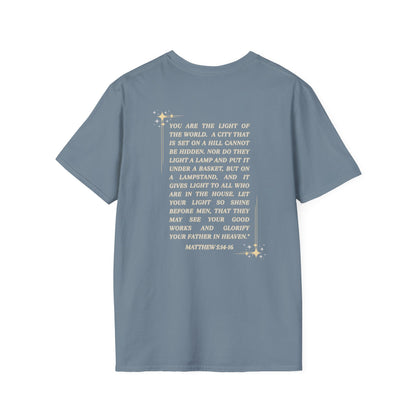 Salt and Light Christian T-shirt for women featuring a scripture design on the back in soft blue fabric