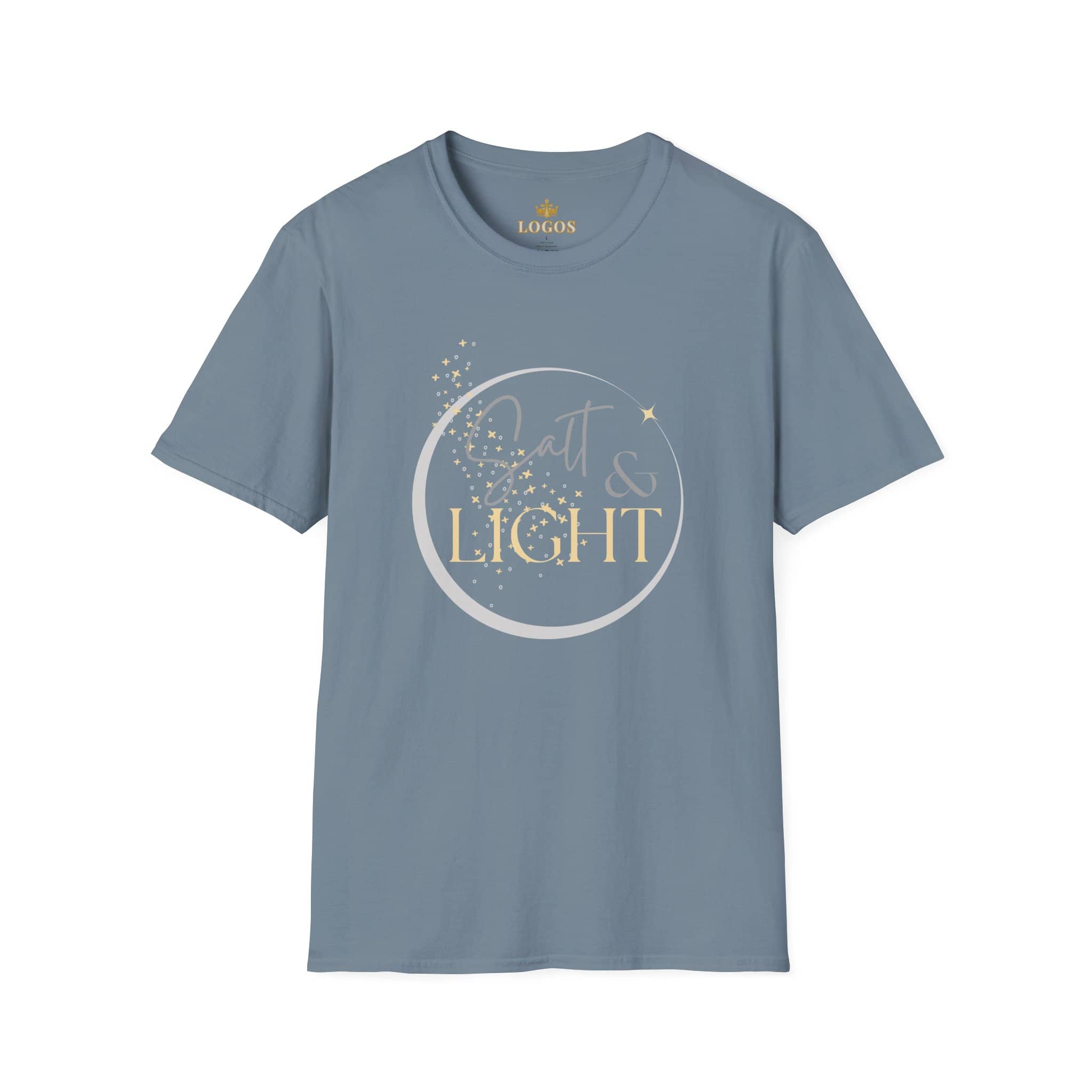 Salt and Light Christian T-shirt for women in blue with glitter design and stylish lettering