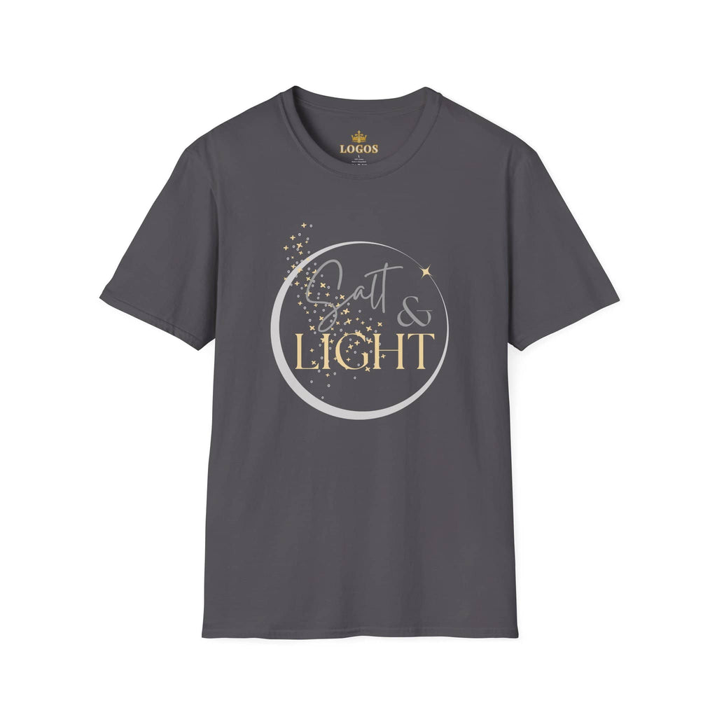 Salt and Light Christian T-shirt for women in gray with stylish design and glowing accents