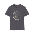 Salt and Light Christian T-shirt for women in gray with stylish design and glowing accents
