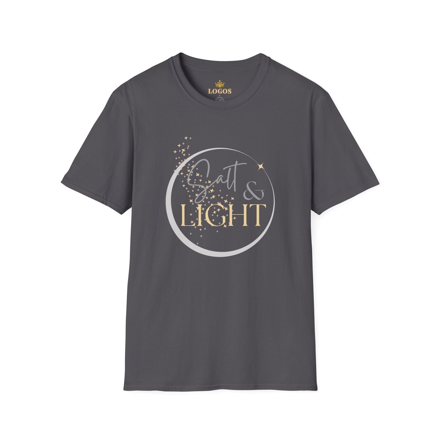 Salt and Light Christian T-shirt for women in gray with stylish design and glowing accents
