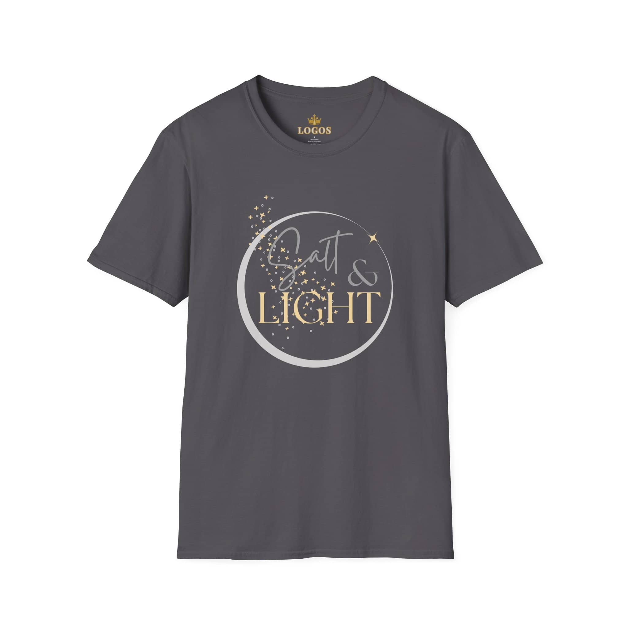 Salt and Light Christian T-shirt for women in gray with stylish design and glowing accents