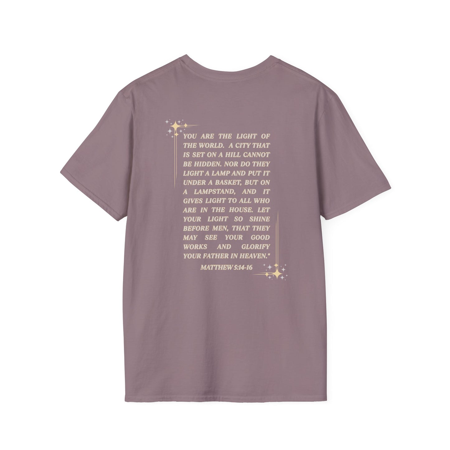 Salt and Light Christian T-shirt for women featuring inspirational scripture text on the back