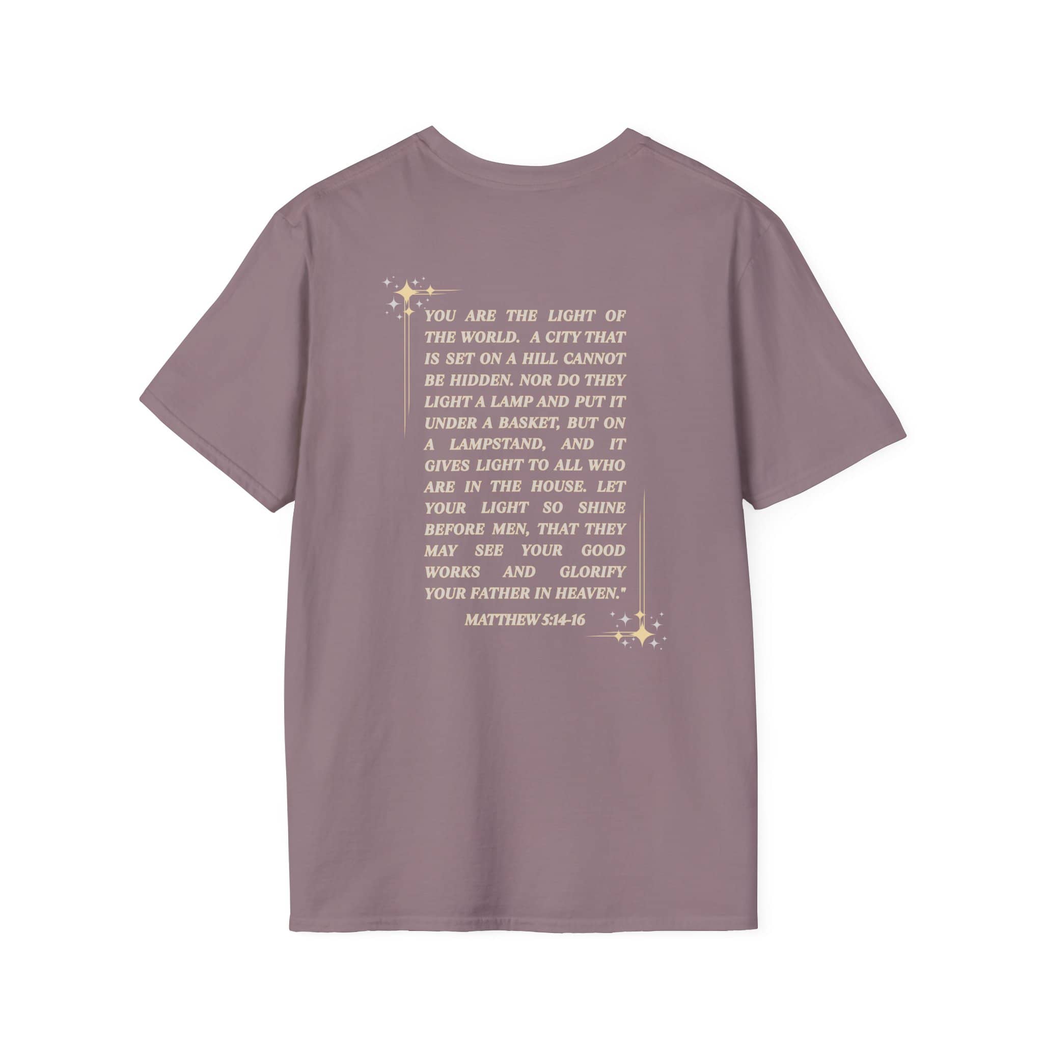 Salt and Light Christian T-shirt for women featuring inspirational scripture text on the back