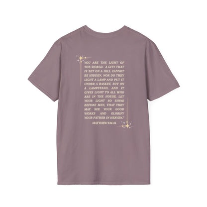 Salt and Light Christian T-shirt for women featuring inspirational scripture text on the back