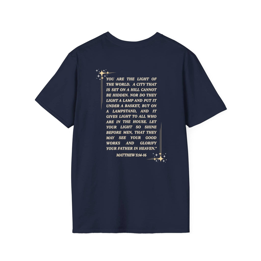 Navy Salt and Light Christian T-shirt for women with inspirational Matthew 5:14-16 text on the back