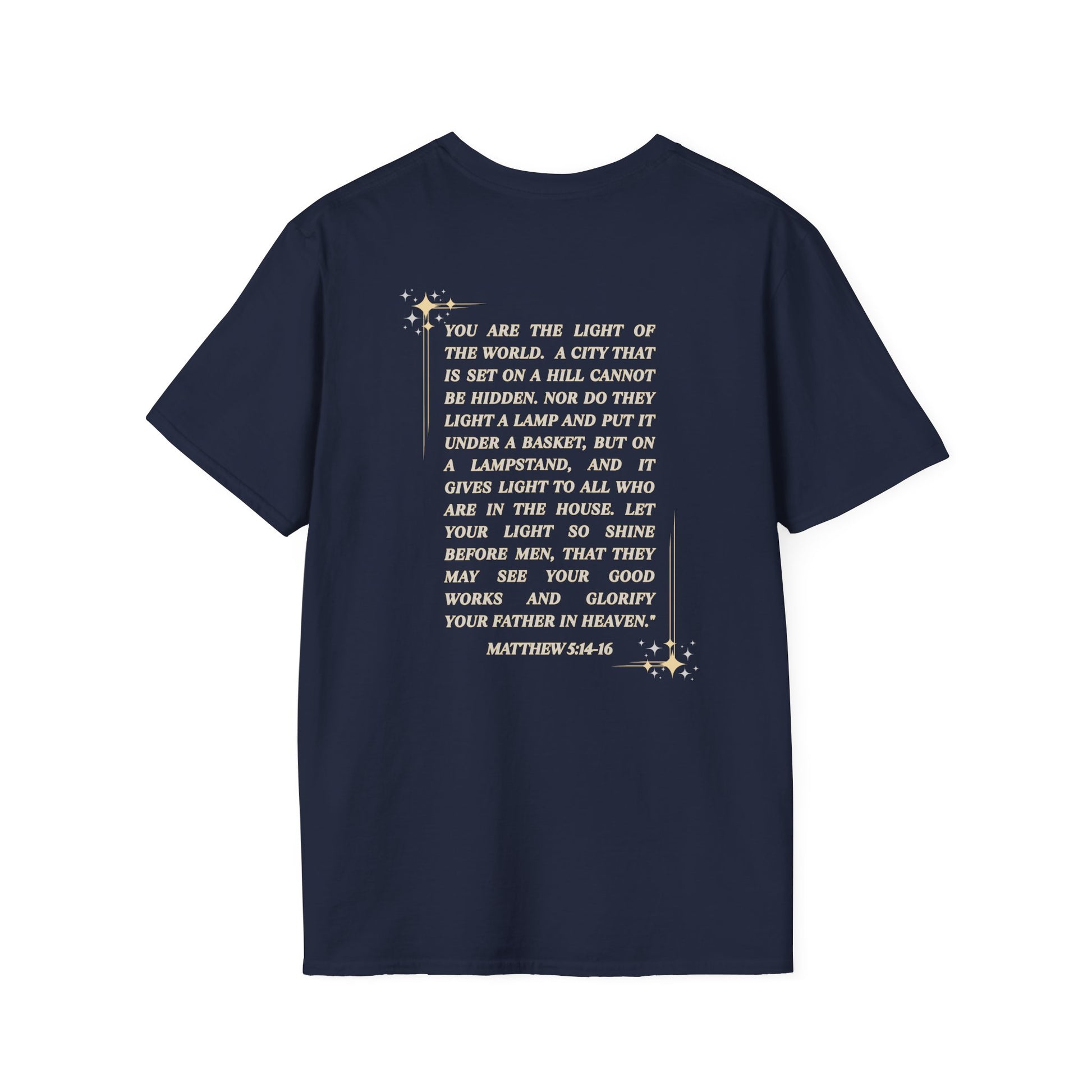 Navy Salt and Light Christian T-shirt for women with inspirational Matthew 5:14-16 text on the back
