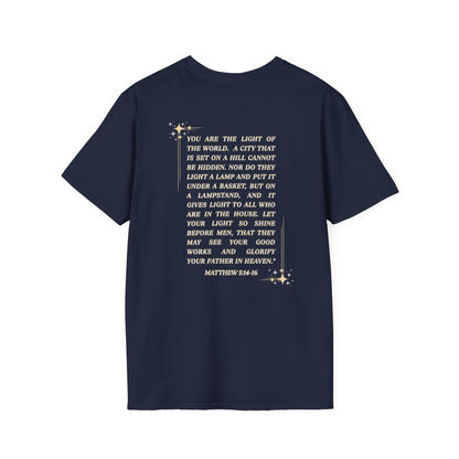 Navy Salt and Light Christian T-shirt for women with inspirational Matthew 5:14-16 text on the back