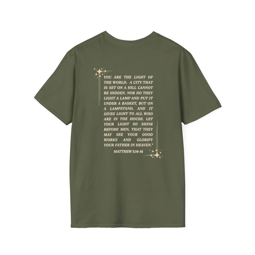 Salt and Light Christian T-shirt for women with inspirational Matthew 5:14-16 verse on olive green fabric