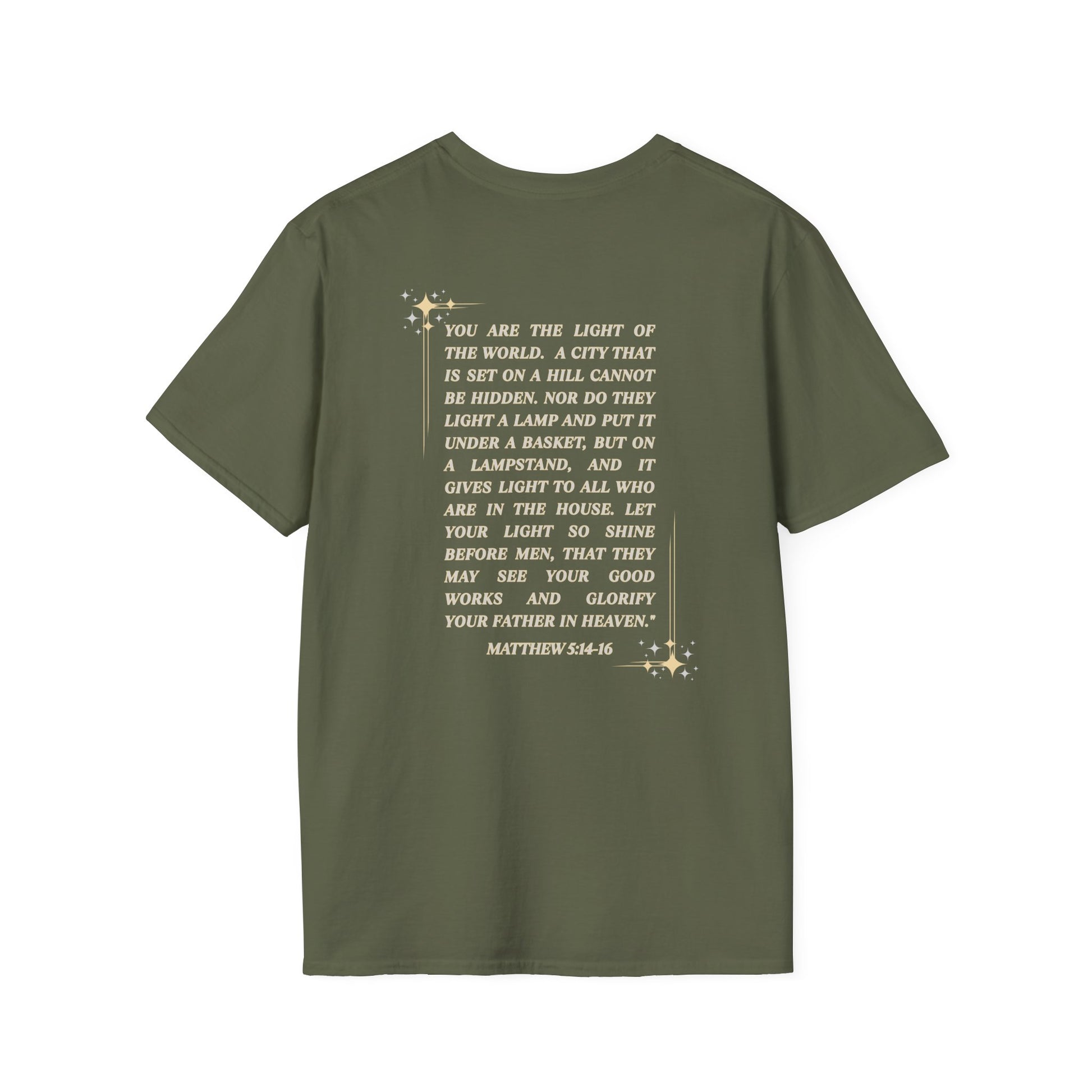 Salt and Light Christian T-shirt for women with inspirational Matthew 5:14-16 verse on olive green fabric