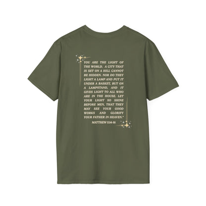 Salt and Light Christian T-shirt for women with inspirational Matthew 5:14-16 verse on olive green fabric