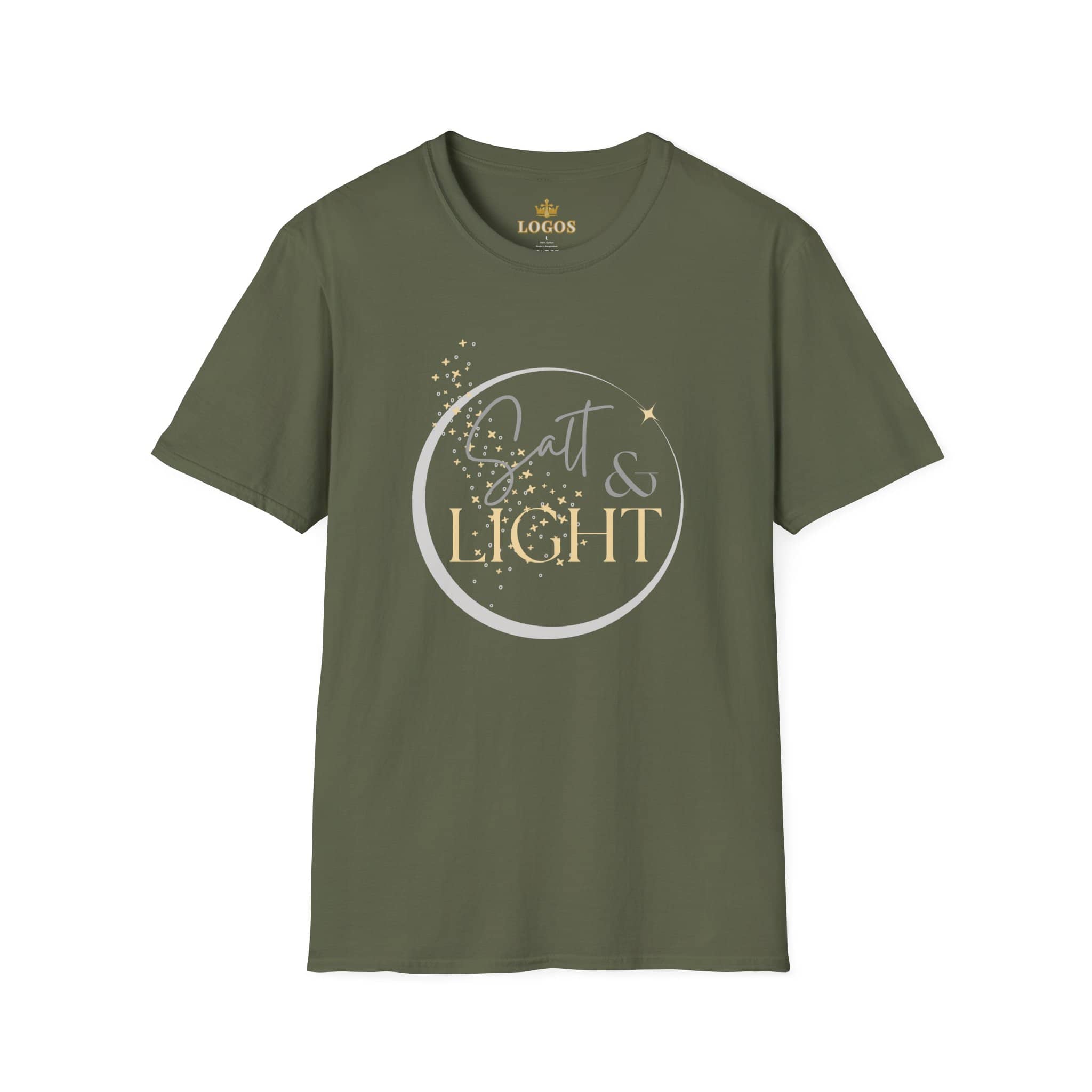 Salt and Light Christian T-shirt for women in olive green with elegant design