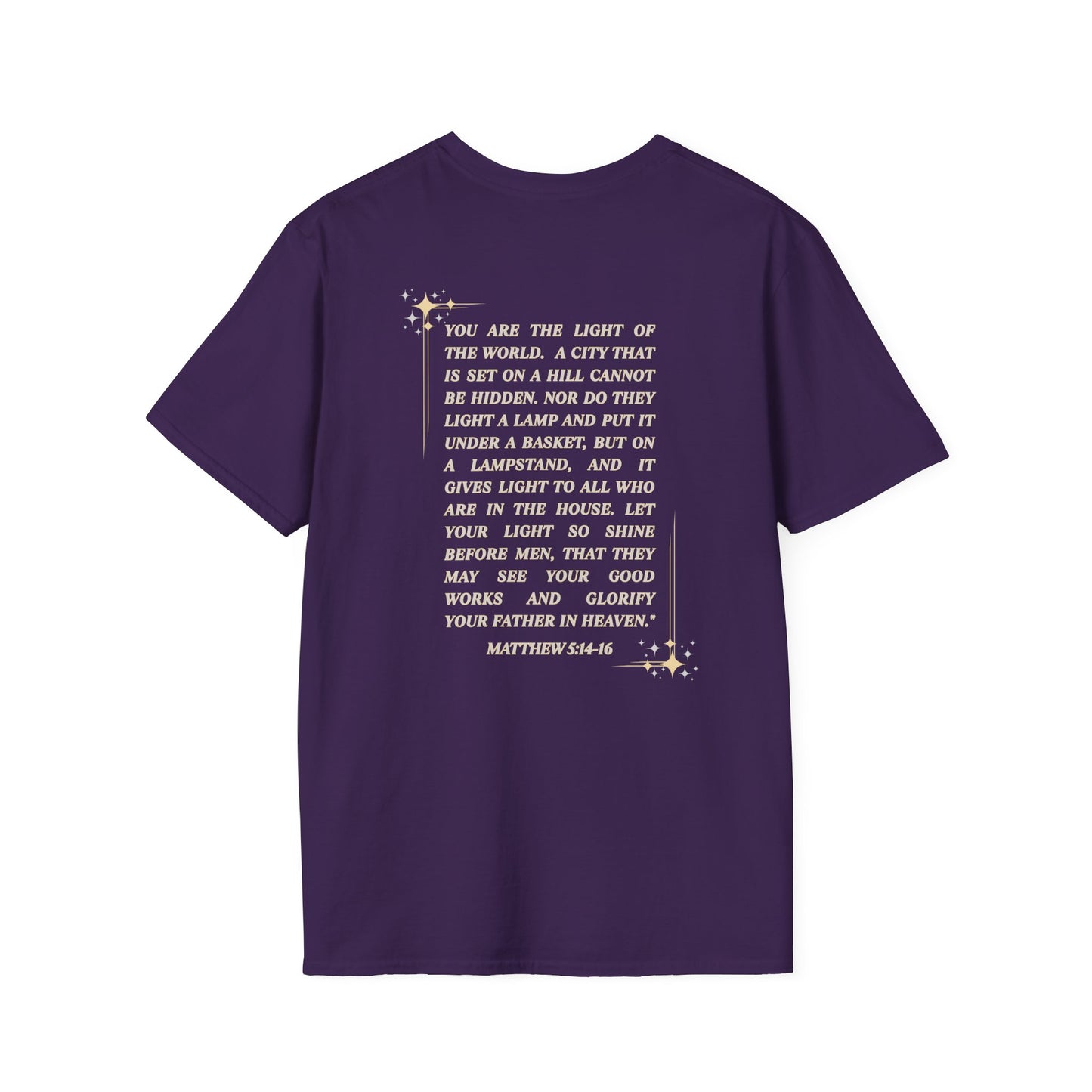 Salt and Light Christian T-shirt for women featuring a verse from Matthew 5:14-16 on the back
