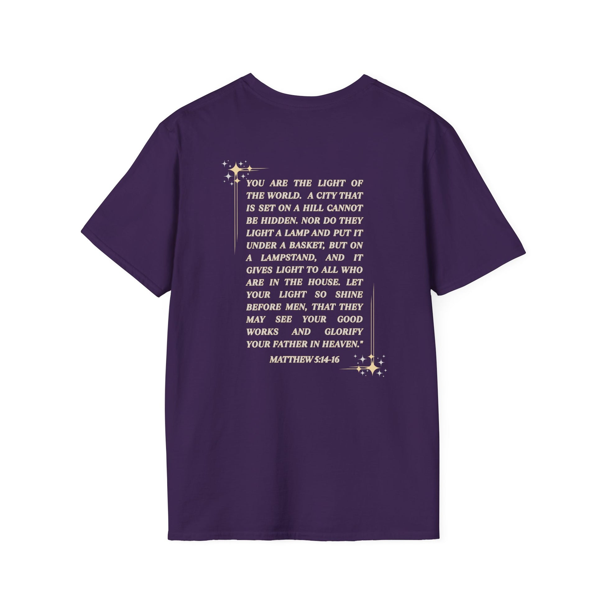 Salt and Light Christian T-shirt for women featuring a verse from Matthew 5:14-16 on the back