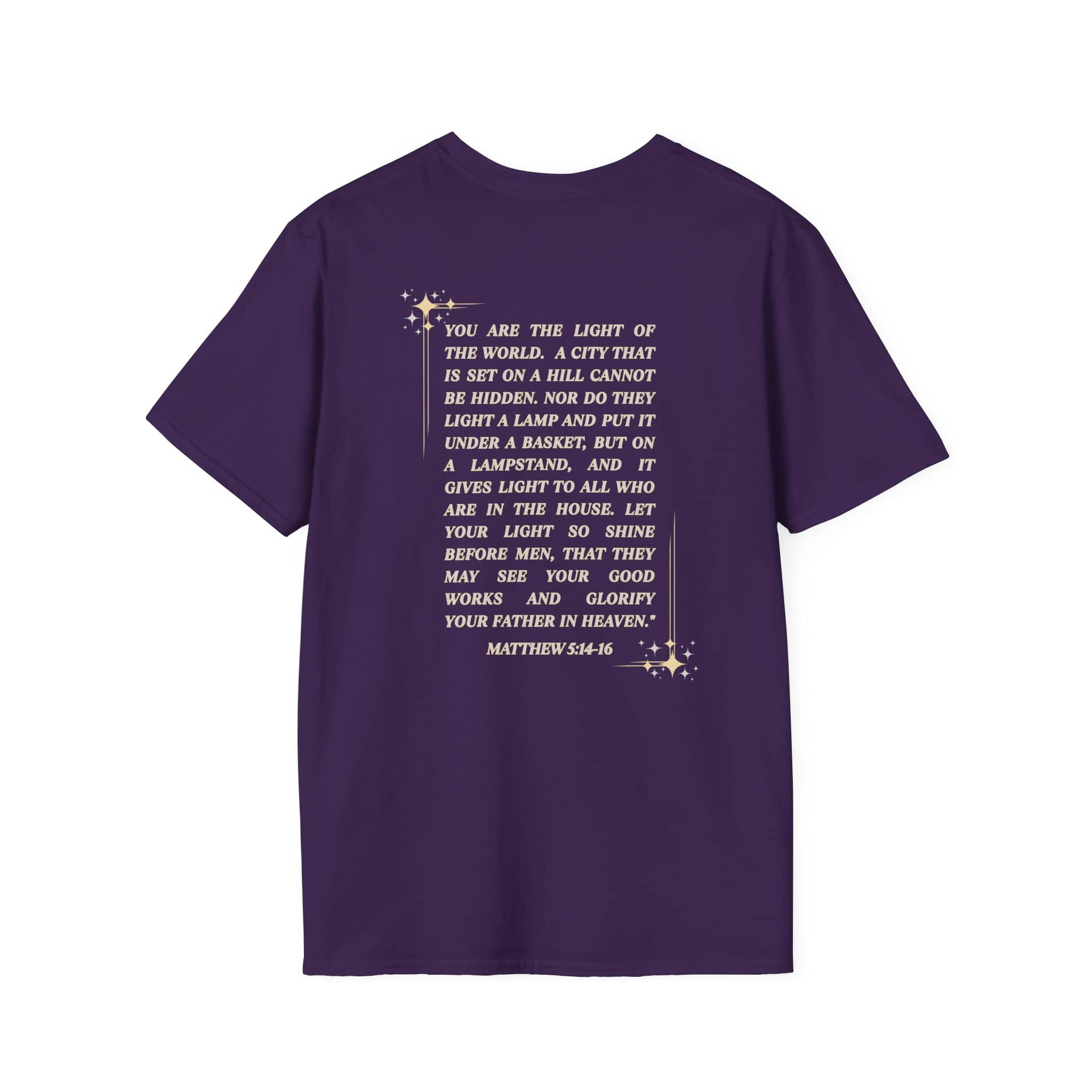 Salt and Light Christian T-shirt for women featuring a verse from Matthew 5:14-16 on the back