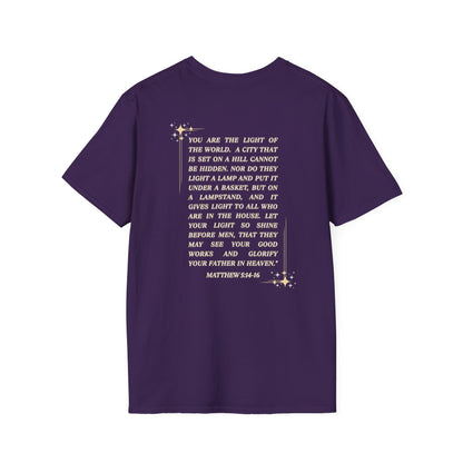Salt and Light Christian T-shirt for women featuring a verse from Matthew 5:14-16 on the back