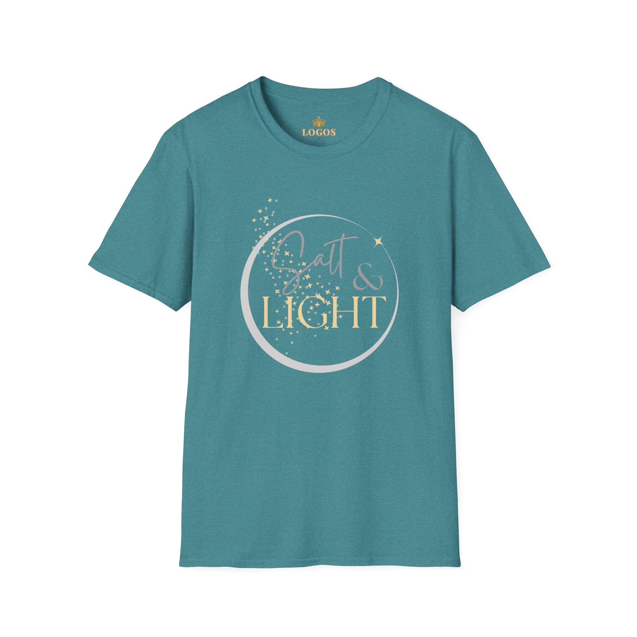 Salt and Light Christian T-shirt for women in teal with sparkly design and modern font