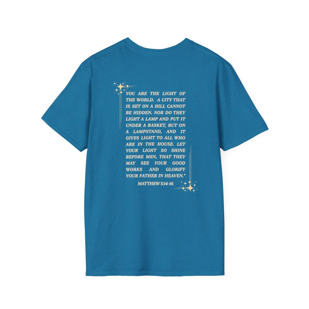 Salt and Light Christian T-shirt for women featuring inspirational Matthew 5:14-16 verse on the back