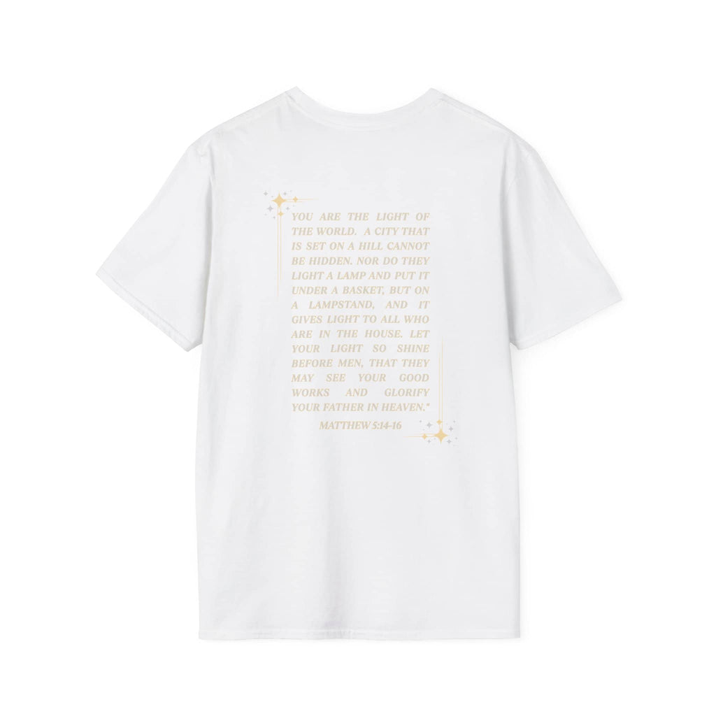 Salt and Light Christian T-shirt for women featuring a Matthew 5:14-16 design in elegant font