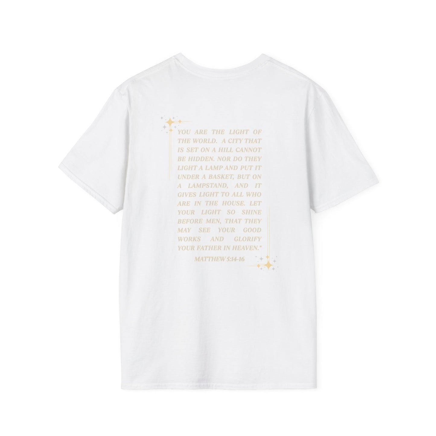Salt and Light Christian T-shirt for women featuring a Matthew 5:14-16 design in elegant font