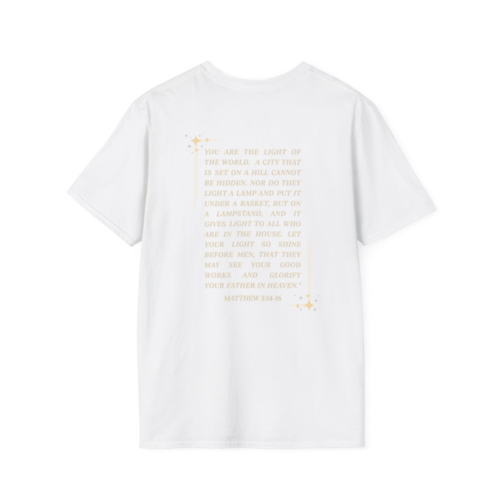 Salt and Light Christian T-shirt for women featuring a Matthew 5:14-16 design in elegant font
