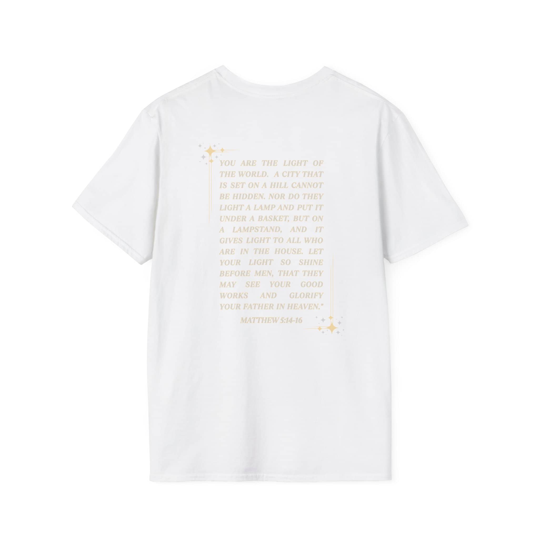 Salt and Light Christian T-shirt for women featuring a Matthew 5:14-16 design in elegant font