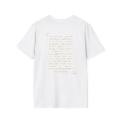 Salt and Light Christian T-shirt for women featuring a Matthew 5:14-16 design in elegant font