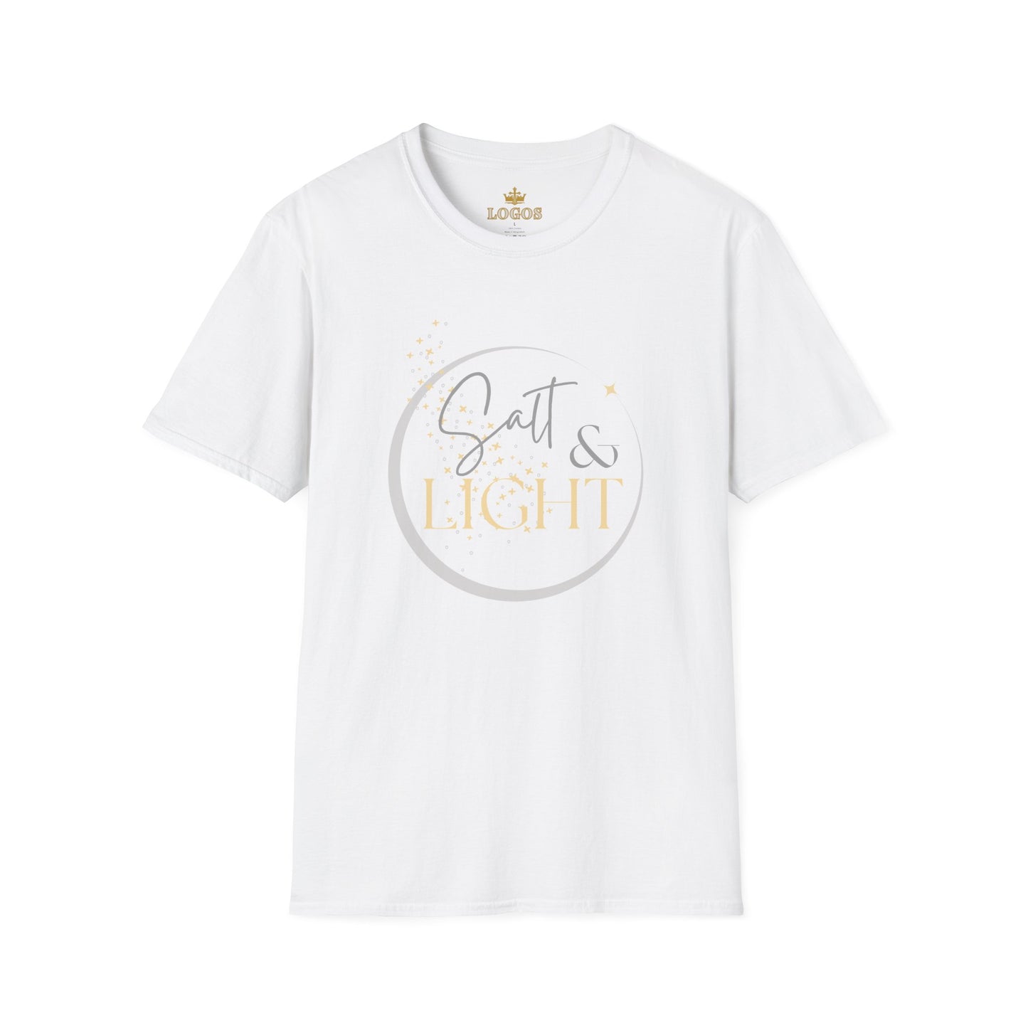 Salt and Light Christian T-shirt for women in white with elegant gold and gray lettering