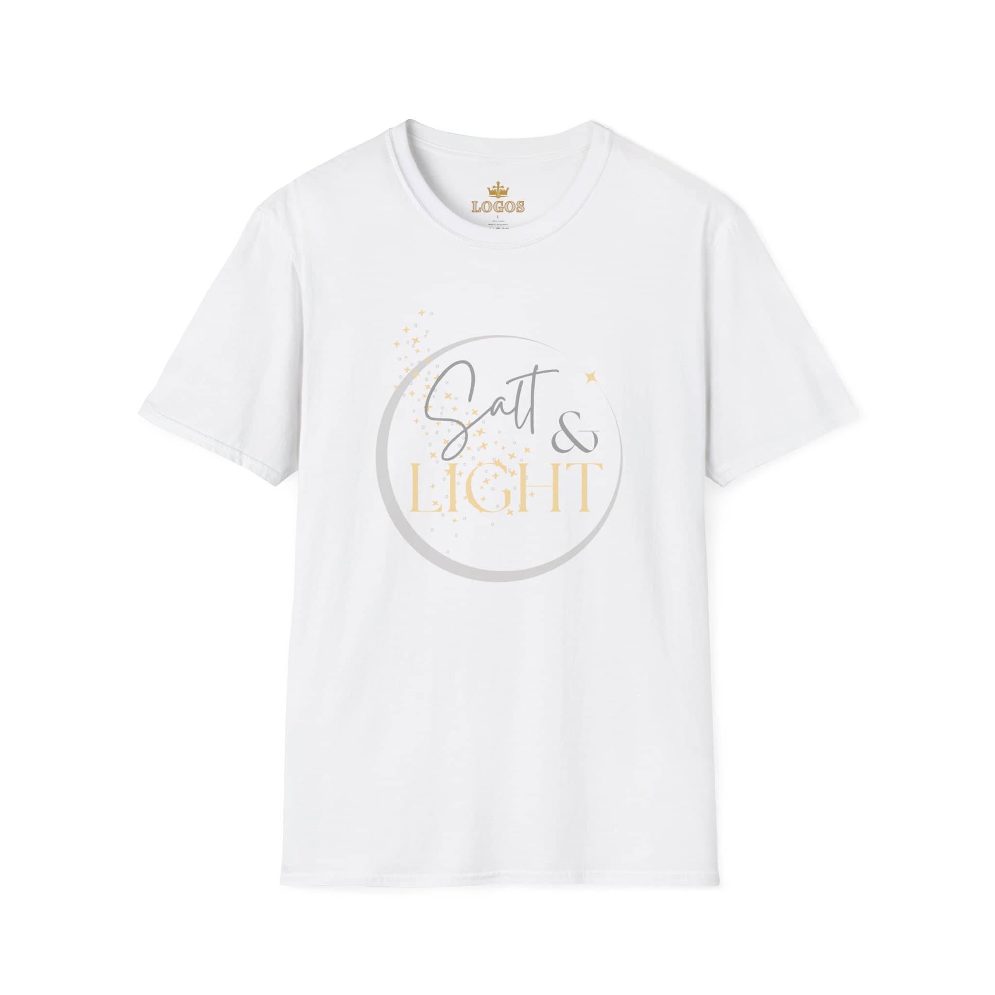 Salt and Light Christian T-shirt for women in white with elegant gold and gray lettering