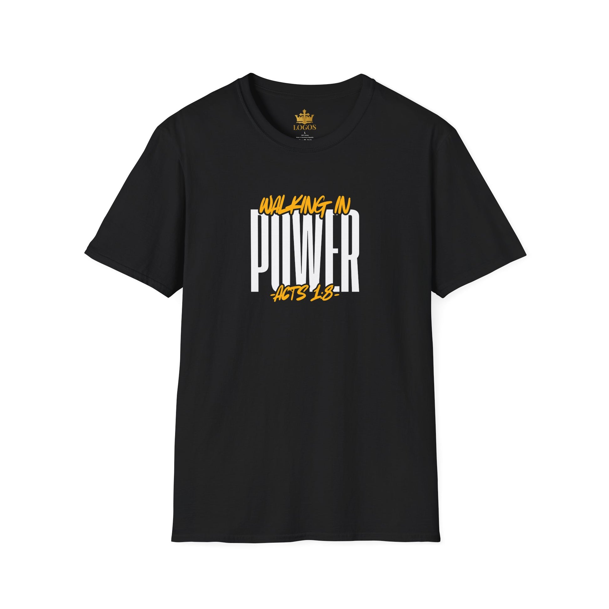 Logos Co. black scripture graphic tee with Walking In Power inspired by Acts 1:8 design on the front 