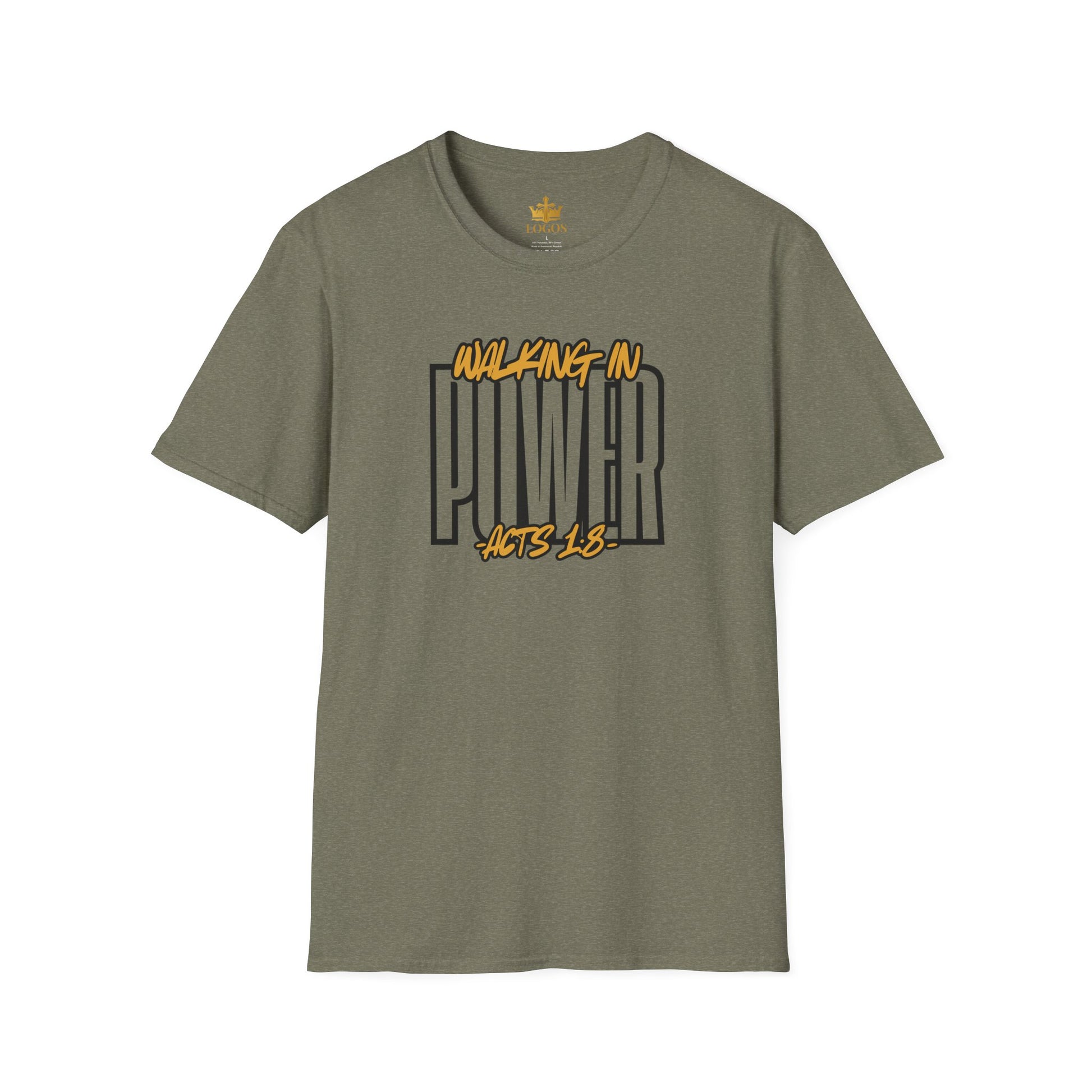 Logos Co. military scripture graphic tee with Walking In Power inspired by Acts 1:8 design on the front 
