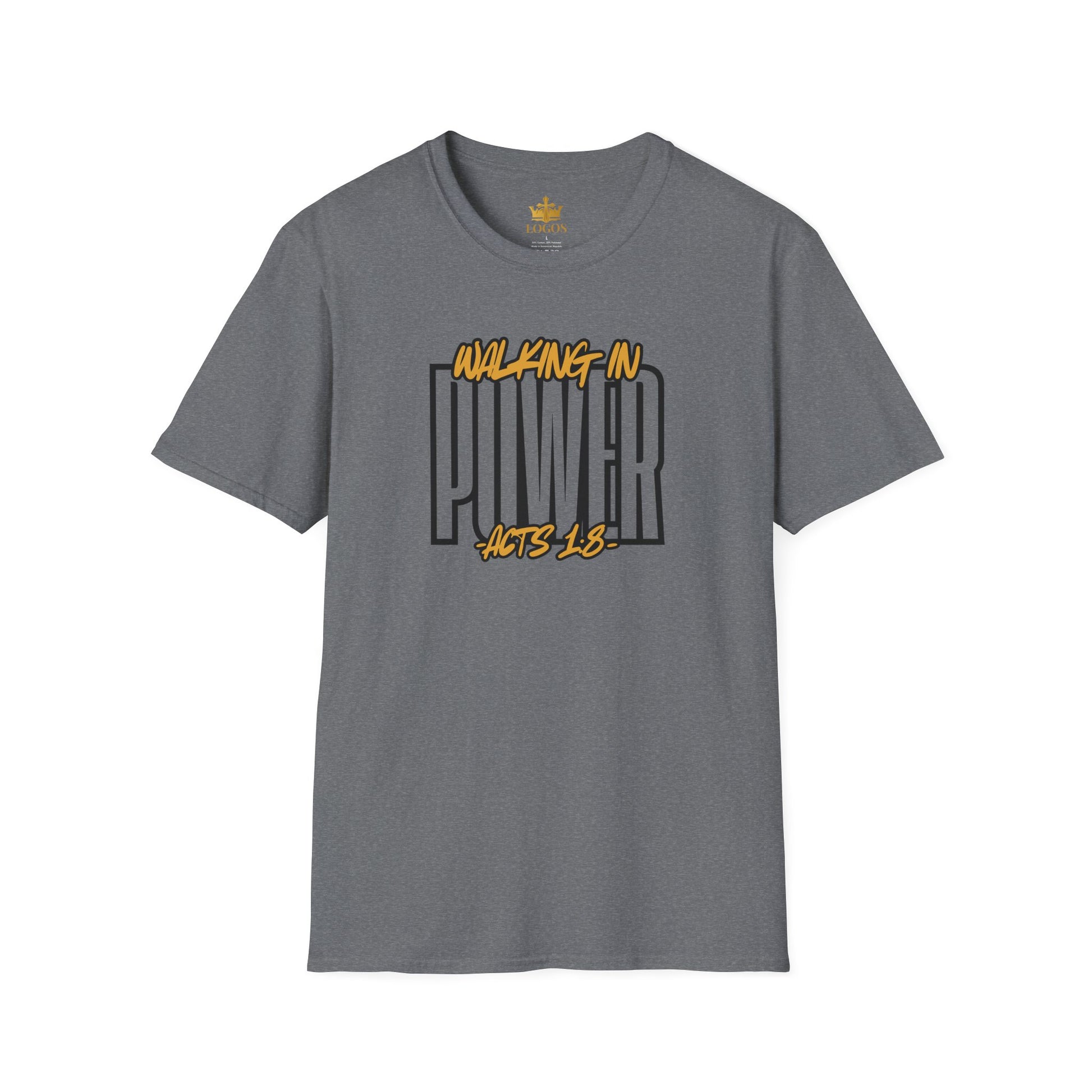 Logos Co. charcoal grey scripture graphic tee with Walking In Power inspired by Acts 1:8 design on the front 