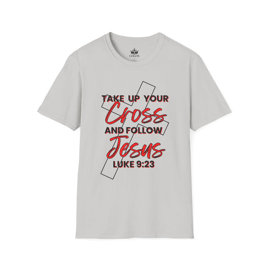 Take Up Your Cross shirt in light gray with scripture Luke 9:23 and red black text design