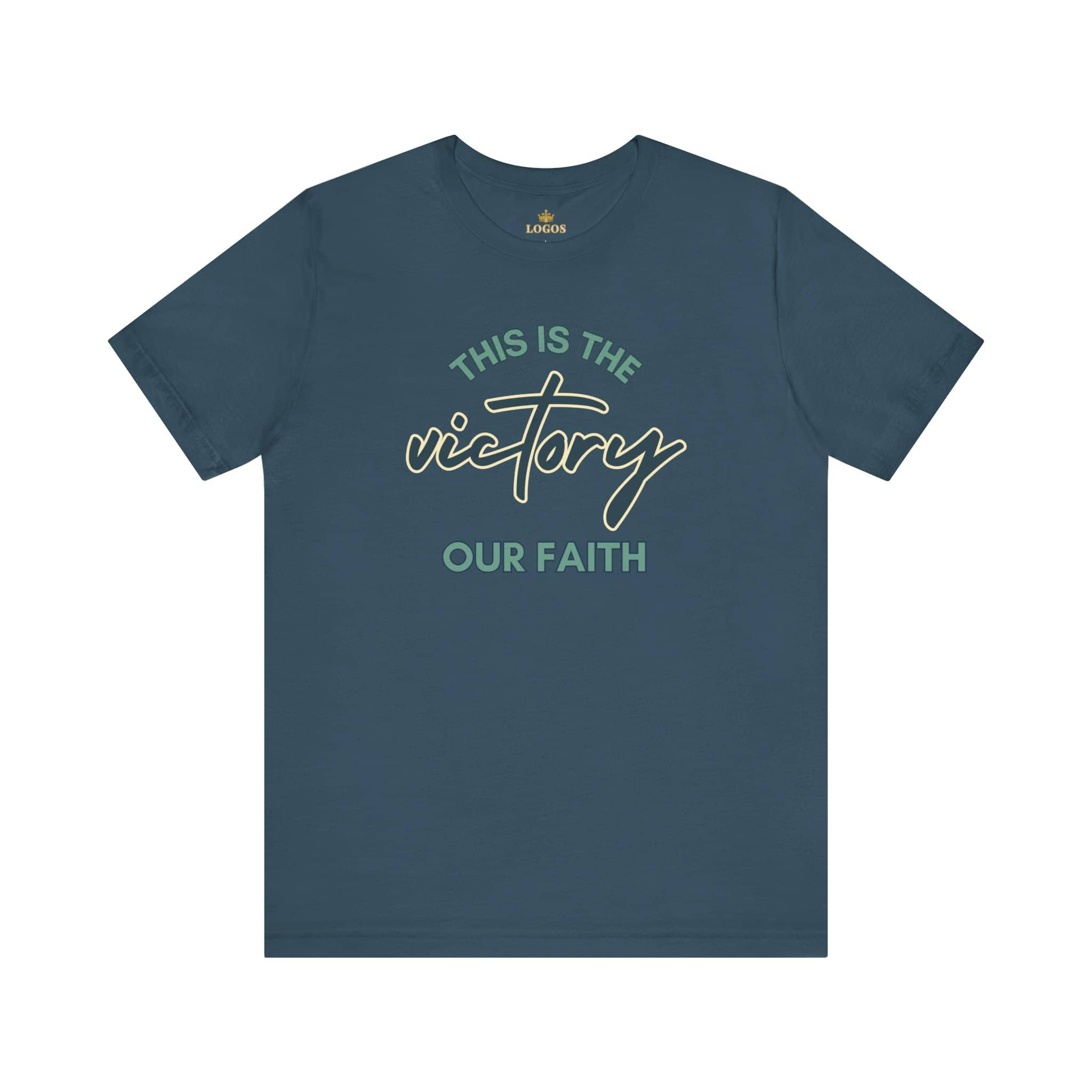 Logos This Is The Victory T-shirt in dark blue with faith-themed graphic text design